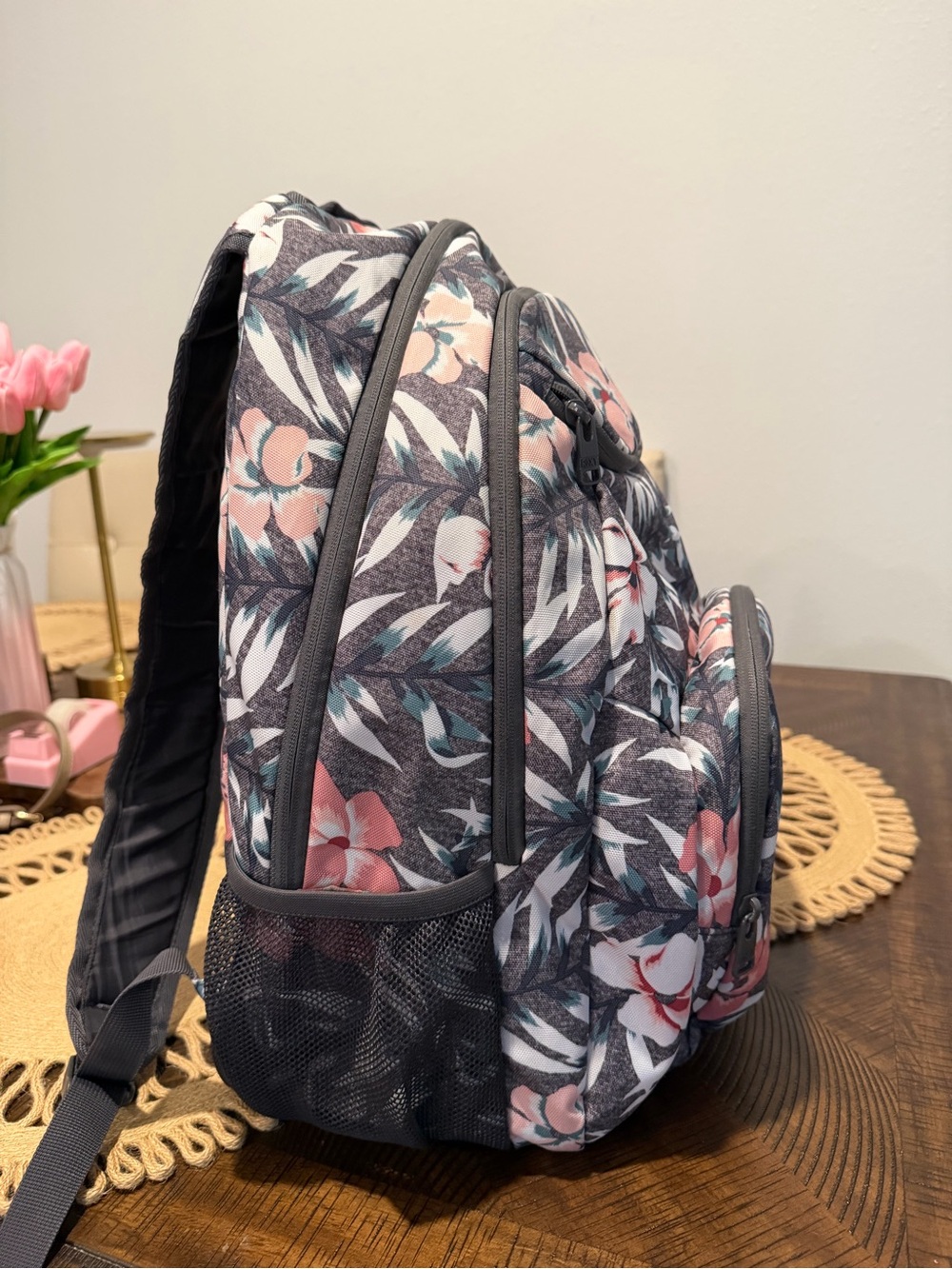 Roxy Floral Tropical Backpack in Pink and Gray - Picture 3 of 8